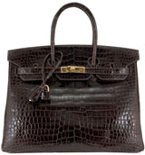 Birkin 35 Brown Patent Porosus GHW