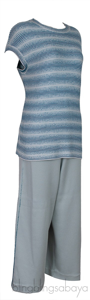 Blue Green Knitted Top and Wide Leg Trouser Set
