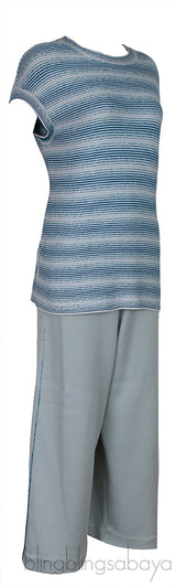 Blue Green Knitted Top and Wide Leg Trouser Set