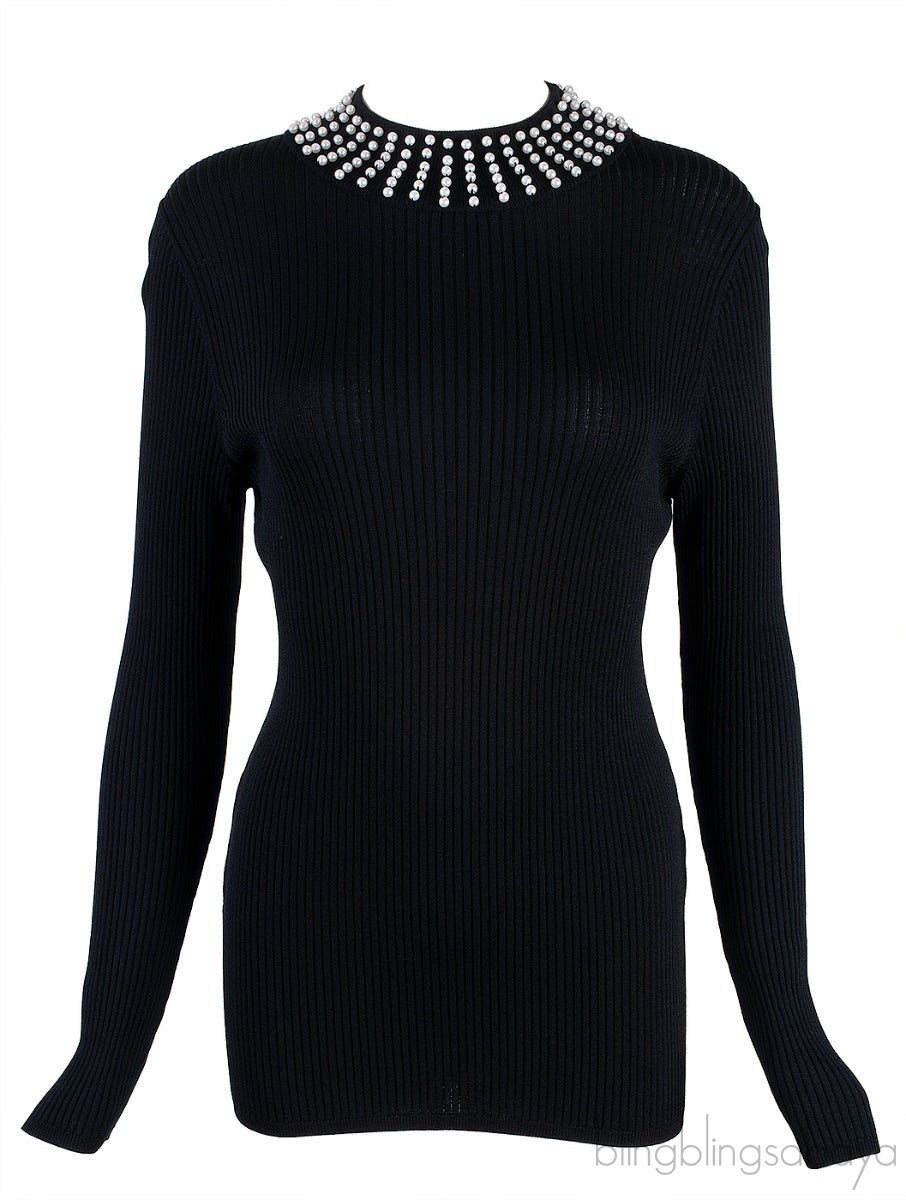 Black Knitted Pearl Embellished Top