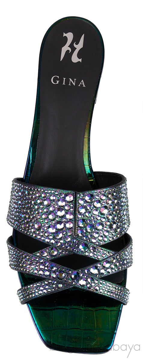 Petrol Patent Croc Embossed Crystal Heeled Sandals