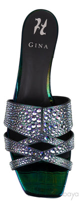Petrol Patent Croc Embossed Crystal Heeled Sandals