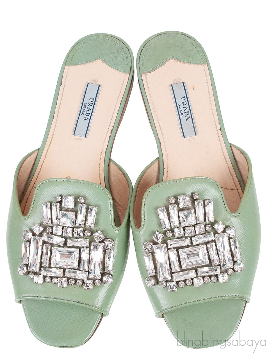 Pastel Green Crystal Open Toe Slide Sandals 38