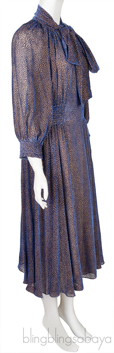 Blue Velvet Self-tie Neck Midi Dress