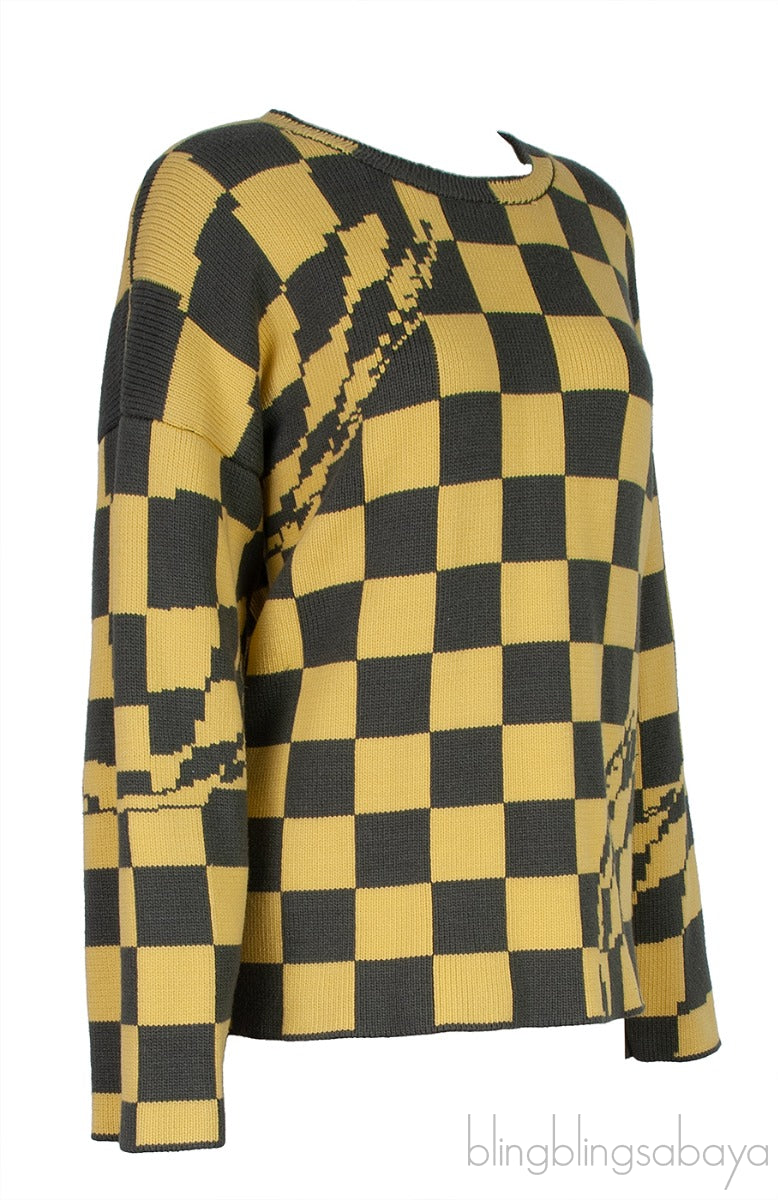 Yellow & Grey Check Knitted  Sweatshirt