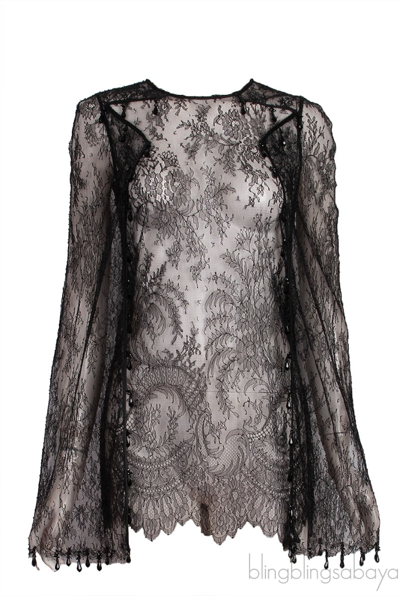 Black Lace Sheer Cape Sleeve Blouse