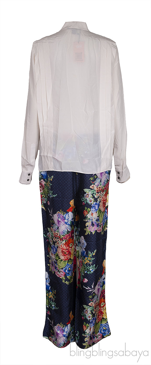 Off-white Pleated Shirt and Blue Floral Monogram Trouser
