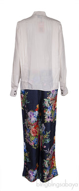 Off-white Pleated Shirt and Blue Floral Monogram Trouser
