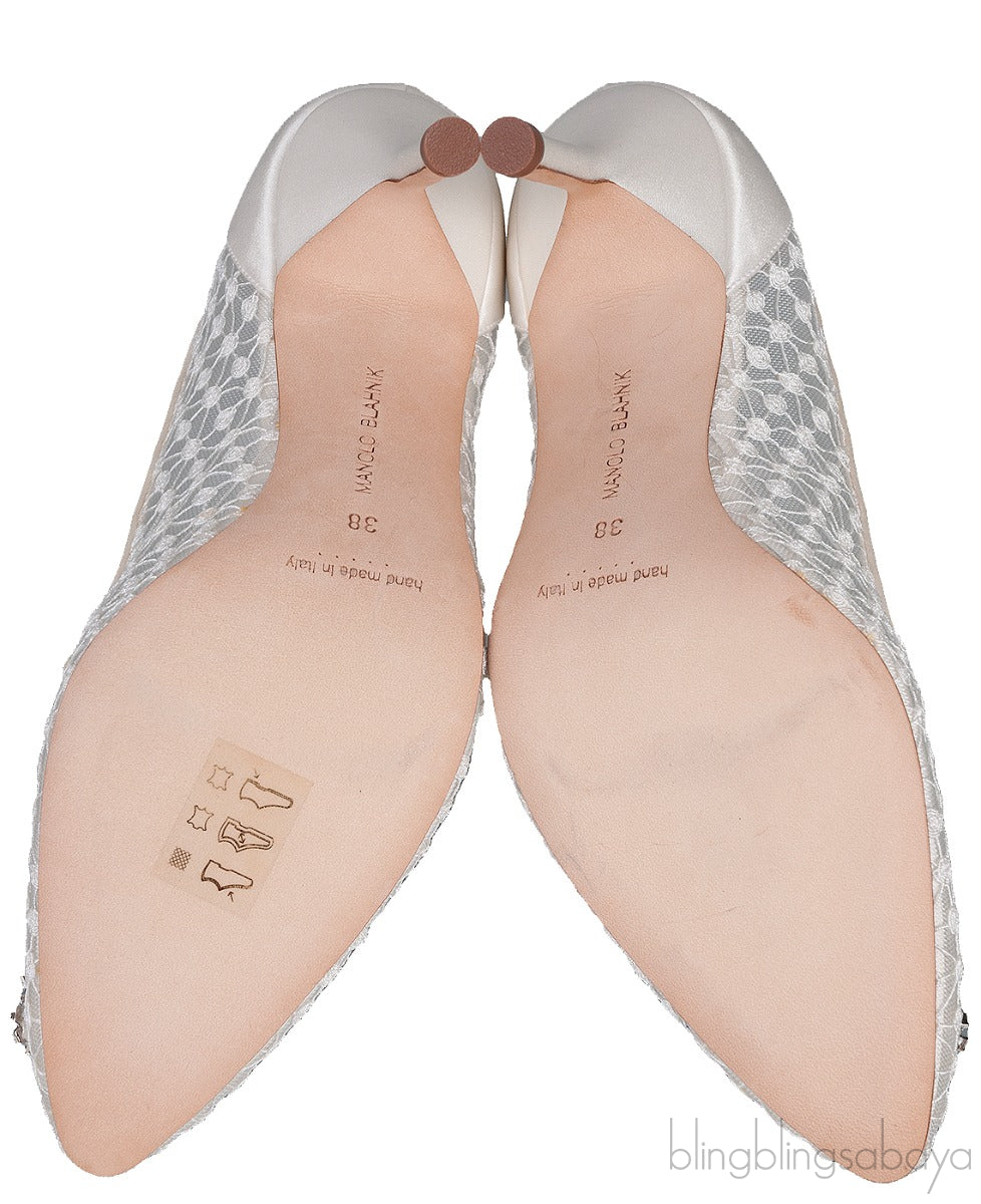 Hangisi White Embroidered Mesh Crystal Heels