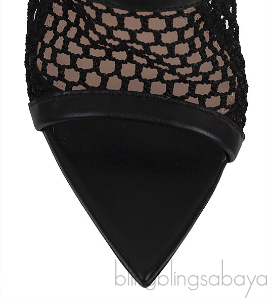 Black Leather Trimmed Fishnet Mules
