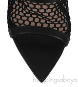 Black Leather Trimmed Fishnet Mules