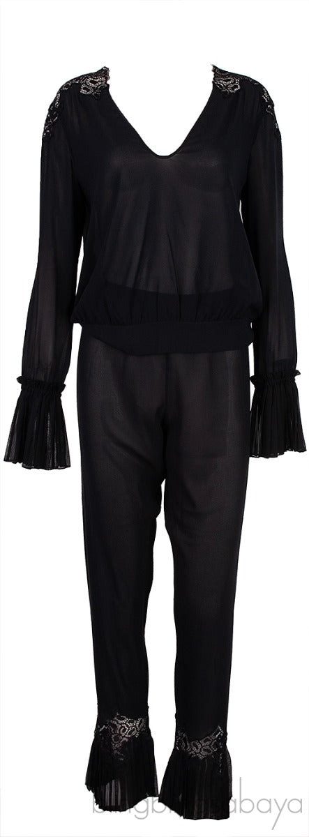 La Perla Black Pleated Trim Silk Pajama Set