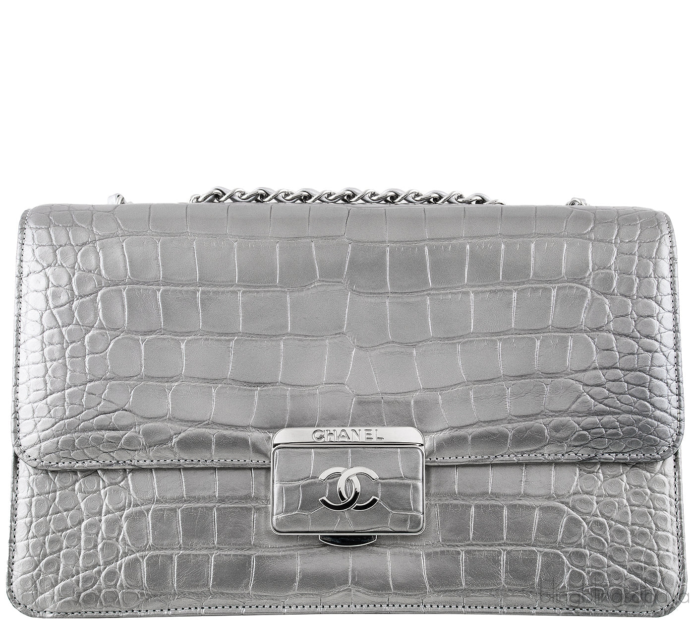 Silver Grey Crocodile Flap Bag
