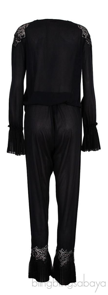 La Perla Black Pleated Trim Silk Pajama Set