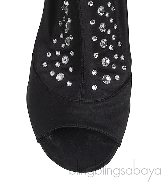 Black Satin Crystal Embellished Peep Toe Boots