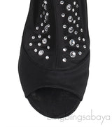 Black Satin Crystal Embellished Peep Toe Boots