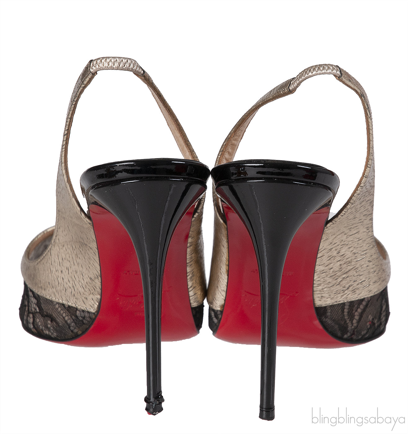 Christian Louboutin Black Floral Lace Gold Trim Slingback Heels