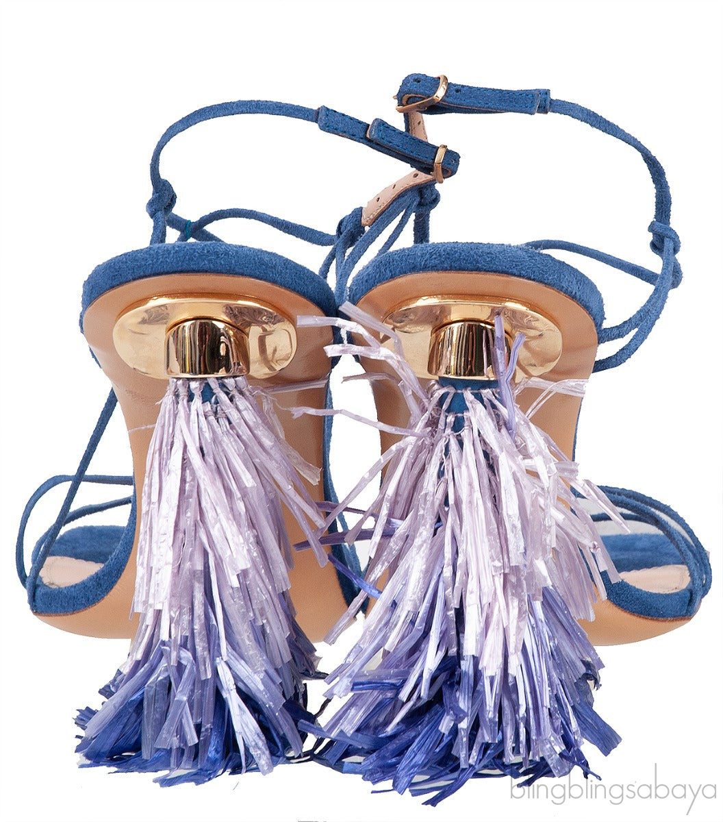 Jacquemus Blue Raffia Pompom Heel Suede Sandals