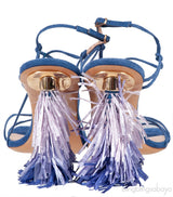 Jacquemus Blue Raffia Pompom Heel Suede Sandals