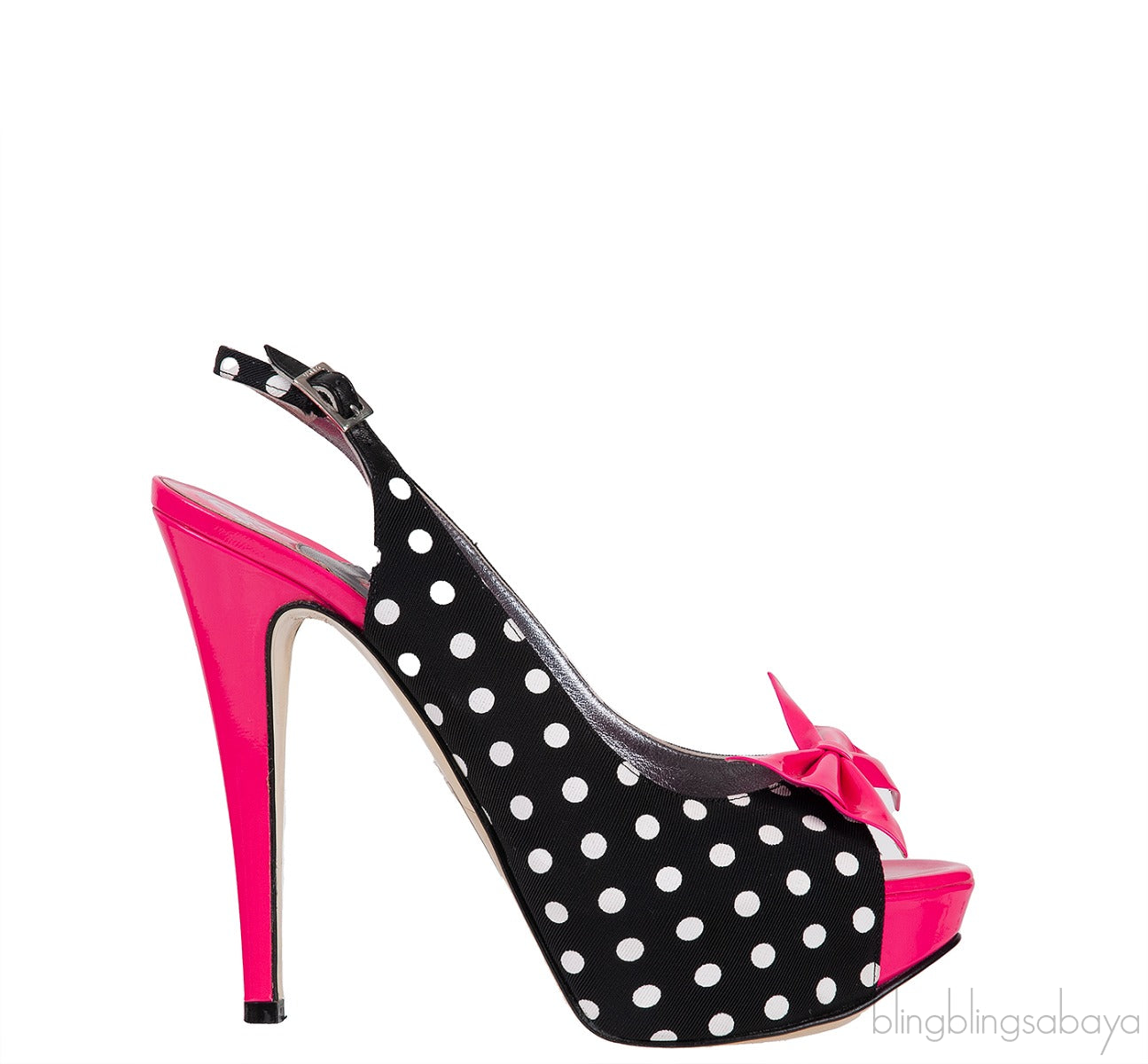 Pink Bow Black Polka-dot Platform Slingback Shoes