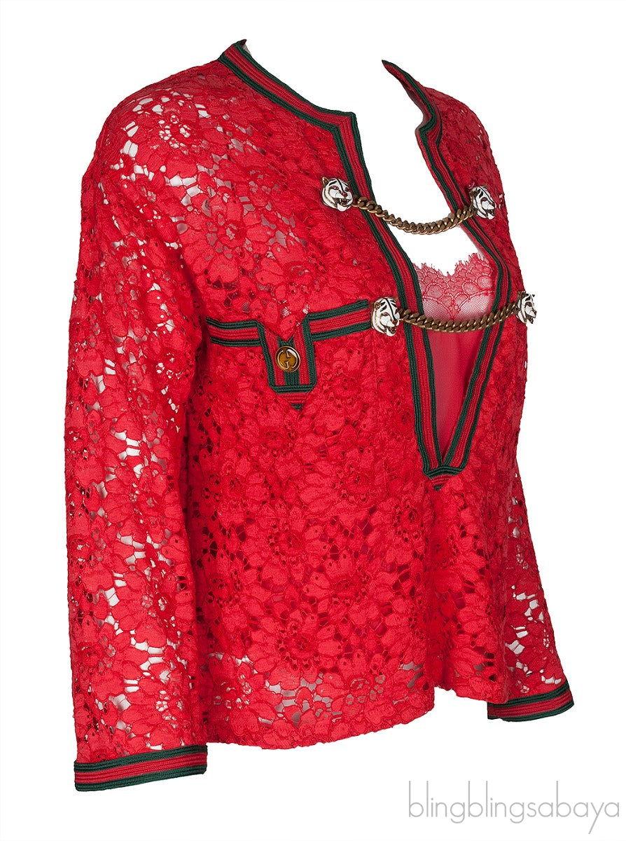 Red Floral Lace Chain Tiger Blouse