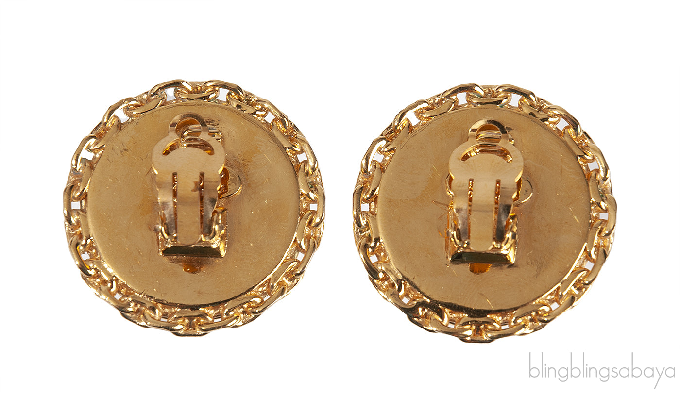 Vintage Chain CC Button Gold Plated Clip-on Earrings