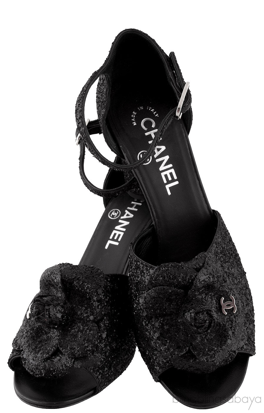 Black Glitter Camellia Heels