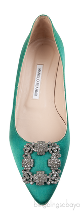 Manolo Blahnik Emerald Green Satin Hangisi Flat Shoes