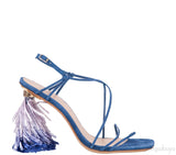 Jacquemus Blue Raffia Pompom Heel Suede Sandals