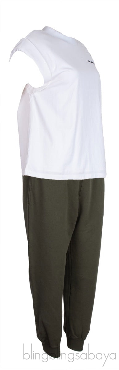 White Padded Shoulder Top & Green Trouser