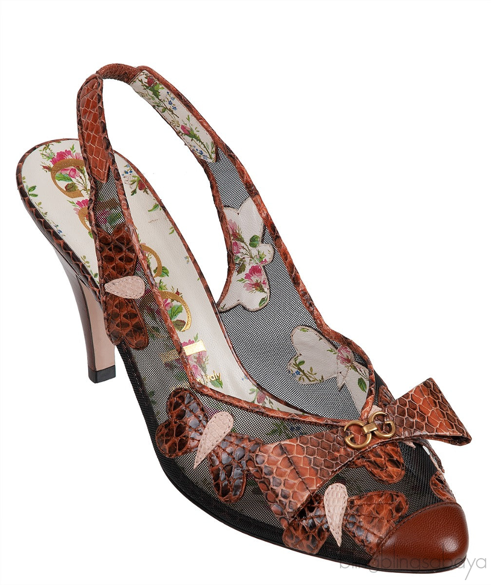 Gucci Malaga Kid Elaphe Lizard Butterflies Mid-Heel Slingback