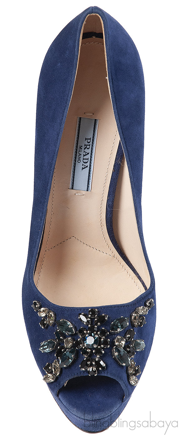 Prada Blue Crystal Peep Toe Pump 38