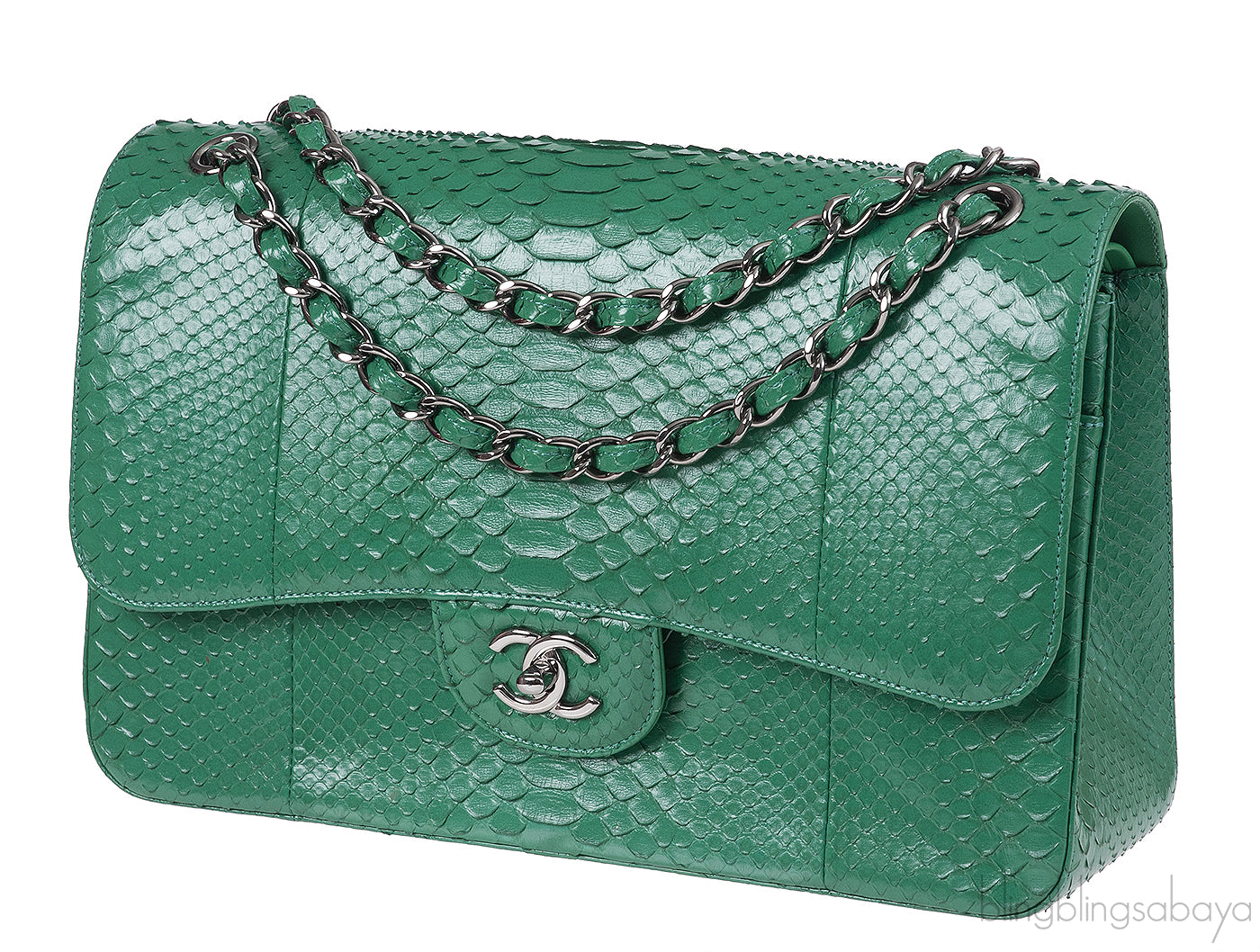 Chanel Classic Jumbo CC Emerald Green Python Flap Bag