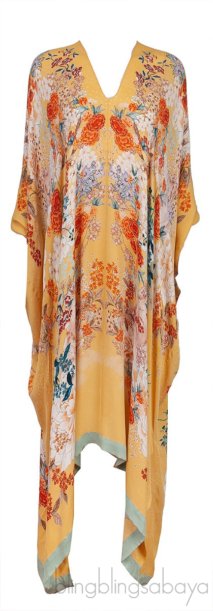Yellow Floral Print Silk Kaftan Dress