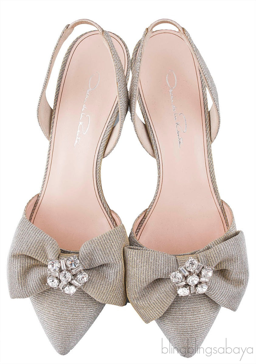 Oscar dela Renta Silver Gold Bow Slingback Heels
