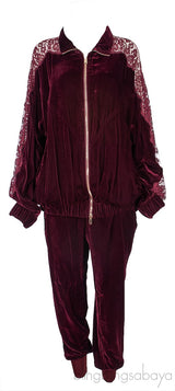 Burgundy Lace Trim Velvet Jacket & Jogger Set