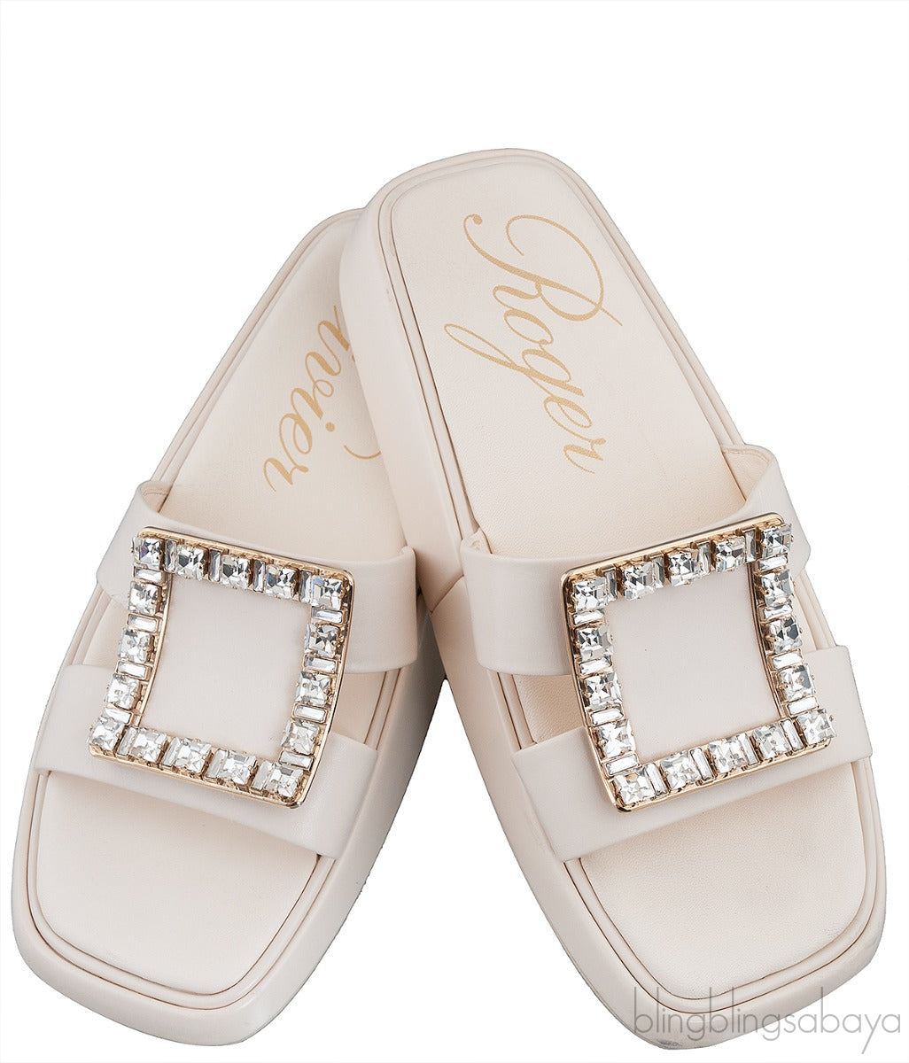 Slide Crystal Buckle Off-white Leather Mule