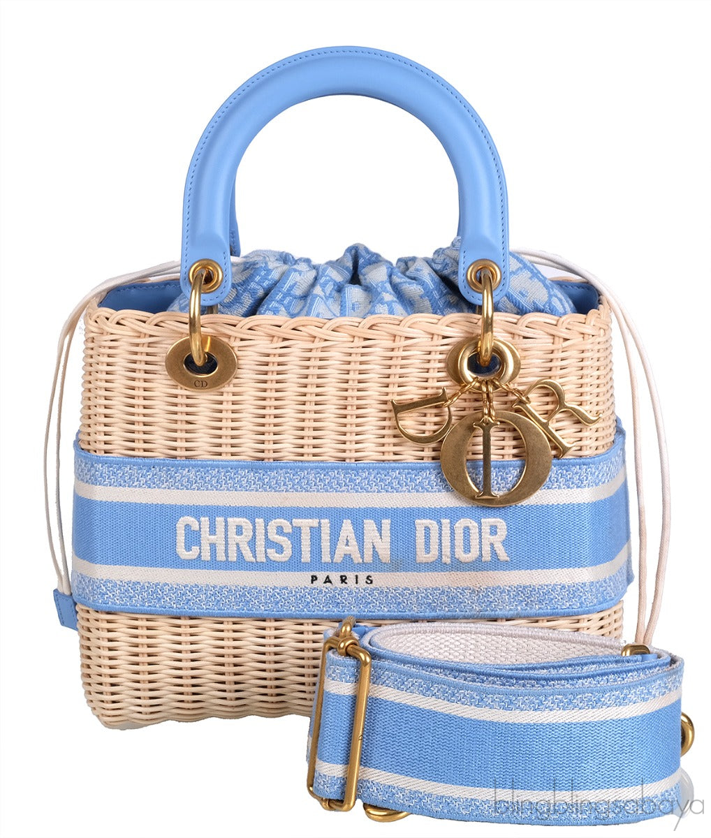 Lady Dior Natural Wicker & Light Blue Dior Oblique Jacquard Medium