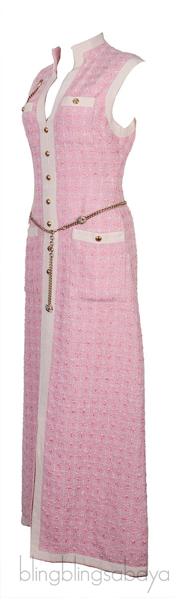 Pink Tweed Sleeveless Long Dress