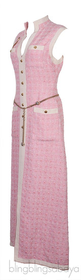 Pink Tweed Sleeveless Long Dress