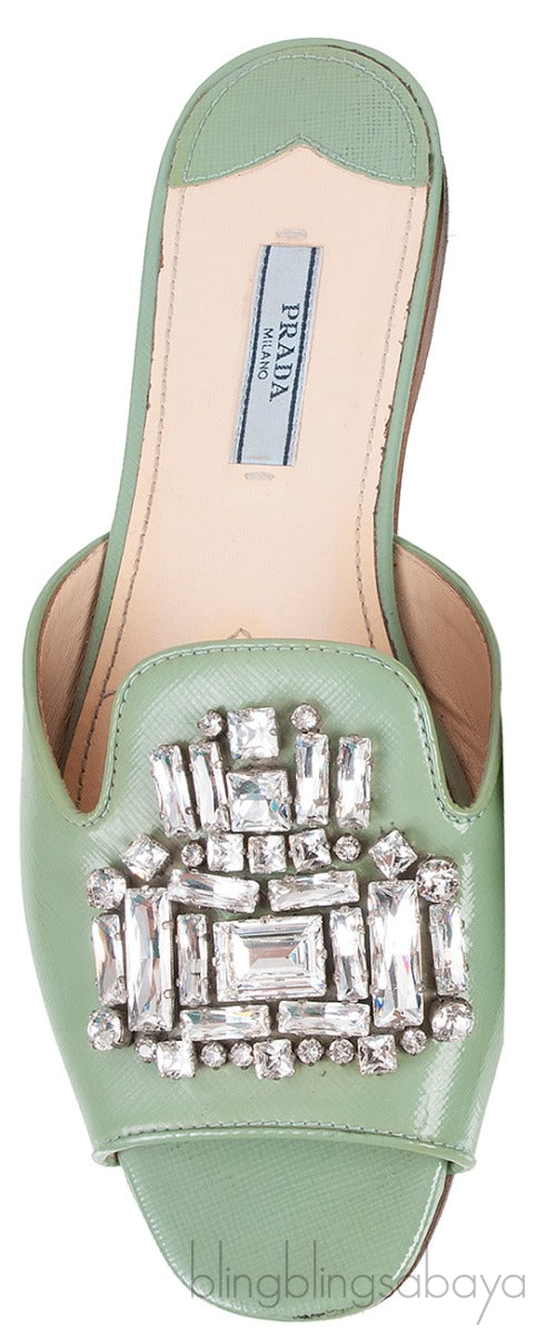 Pastel Green Crystal Open Toe Slide Sandals 38
