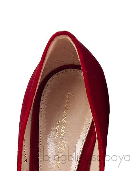 Red velvet pointed toe heels