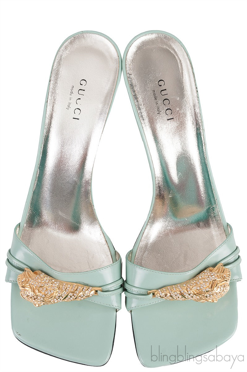 Pastel Green Tiger Head Slide Sandals