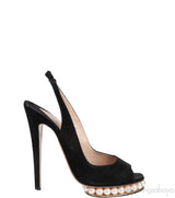 Black Satin Slingback Pearl Sandals