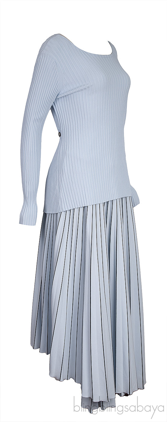 Light Blue Knitted Top & Pleated Wrap Skirt