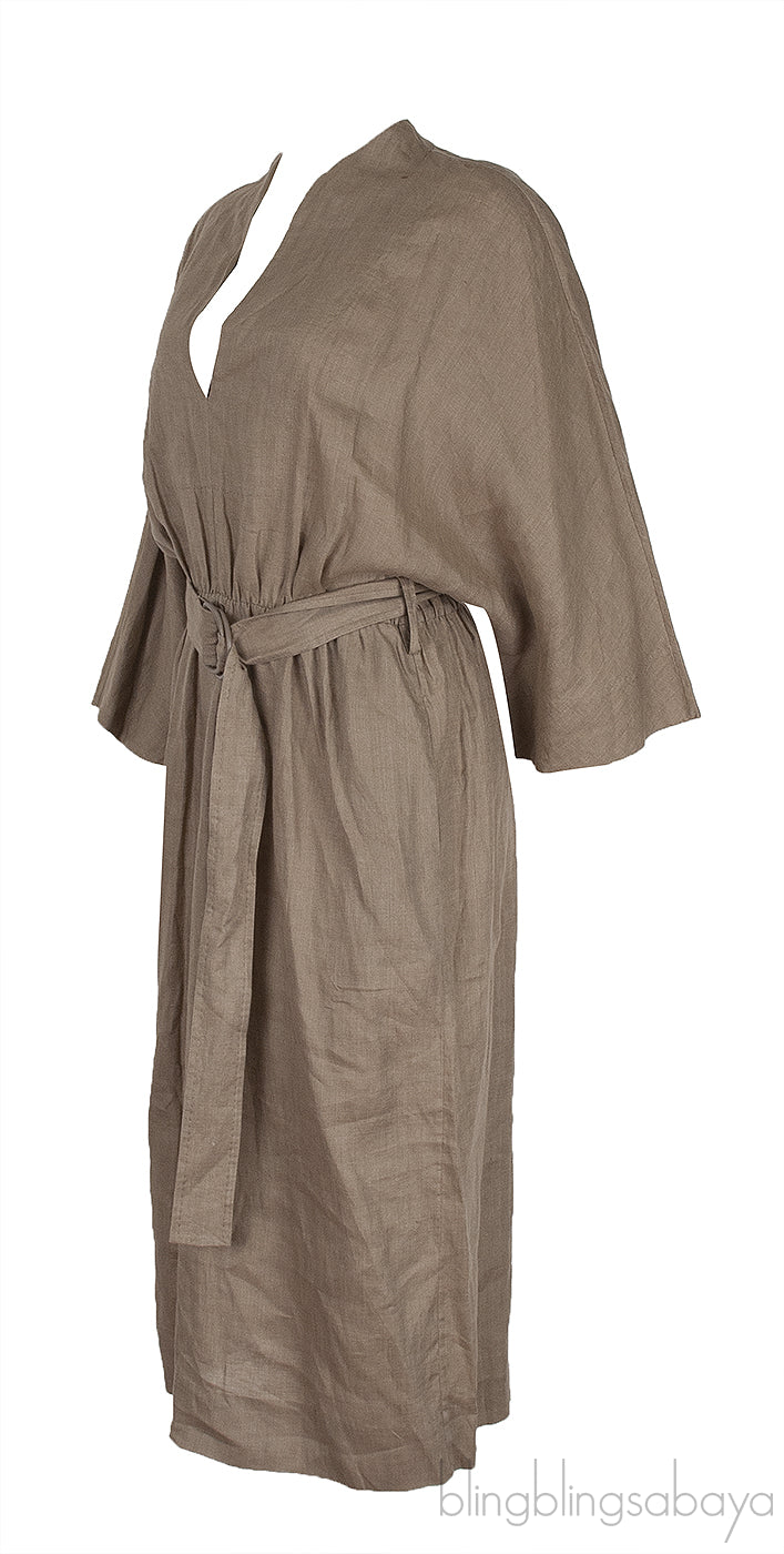 Moss Green V-neck Belted Linen Midi Dress