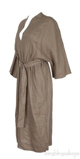 Moss Green V-neck Belted Linen Midi Dress