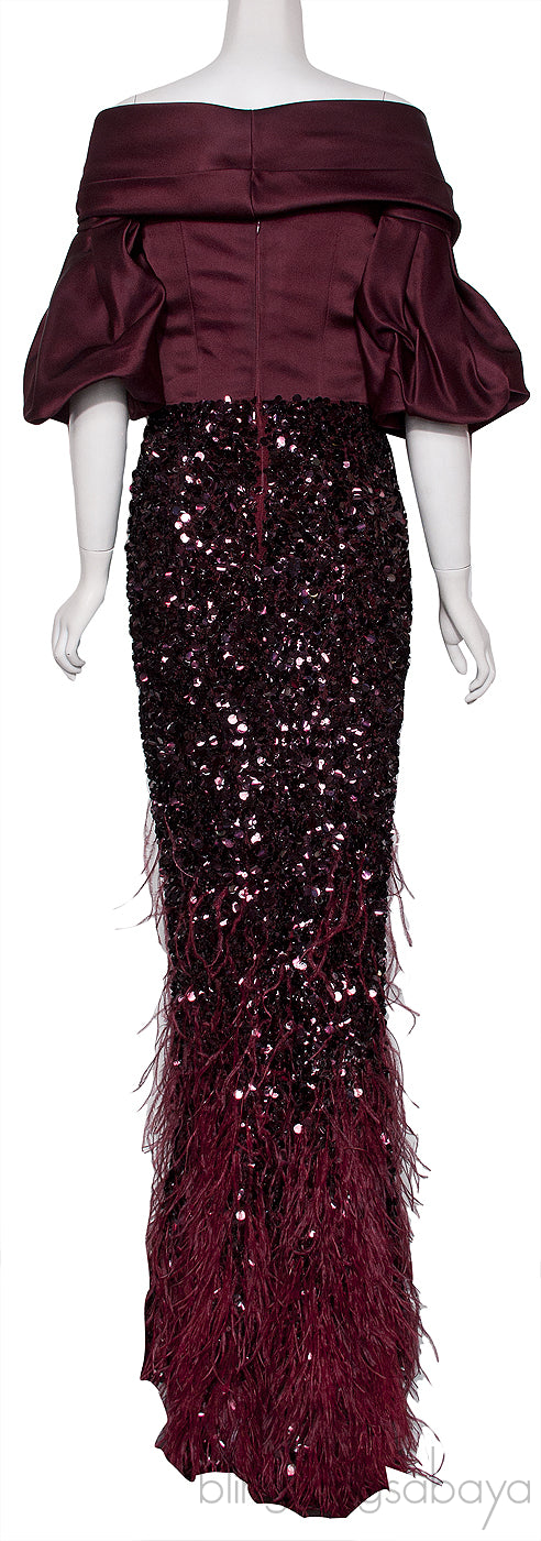 Off-Shoulder Burgundy Feather Gown