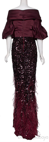 Off-Shoulder Burgundy Feather Gown