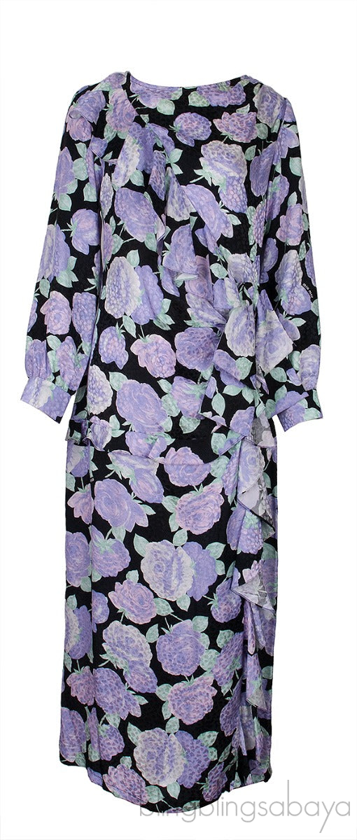 Lavander Floral Print Ruffle Trim Dress
